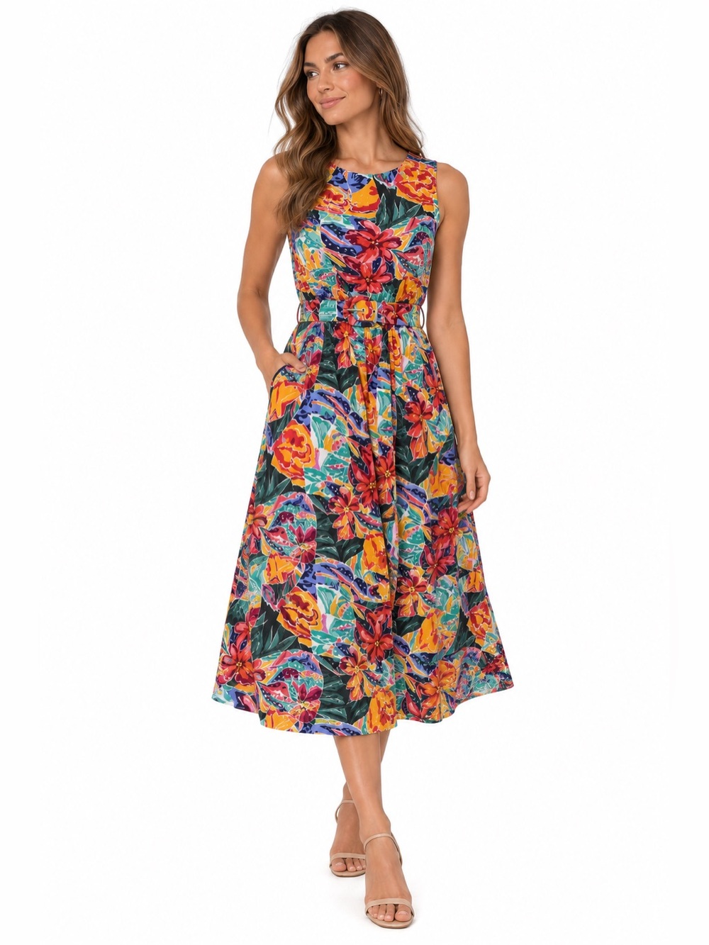 My Michelle Floral Rayon Midi Dress Size 9/10 USA Made Belted Vintage Tropical